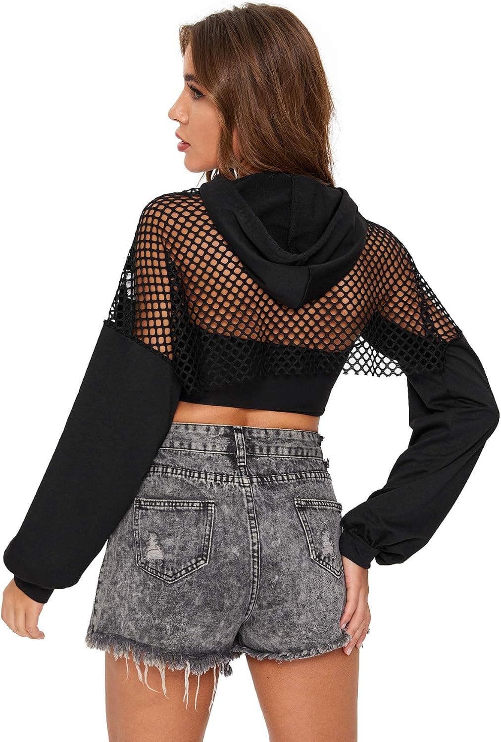 Women's Mesh Contrast Long Sleeve Pullover Crop Top Hoodie