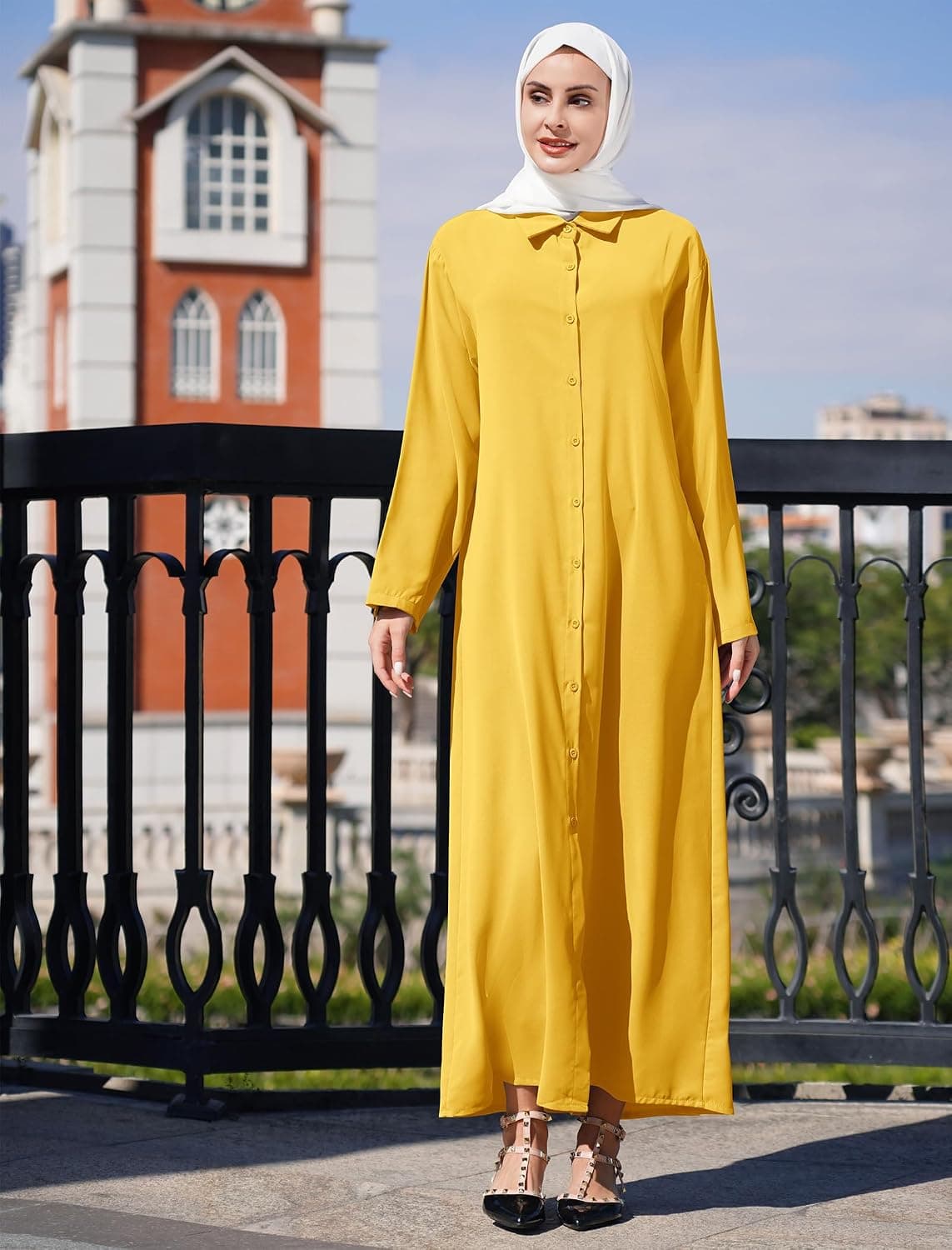 Muslim Abaya Long Sleeve Button Up Maxi Shirt Dress for Women Modest Islamic Prayer Cover Up Robe with Pockets