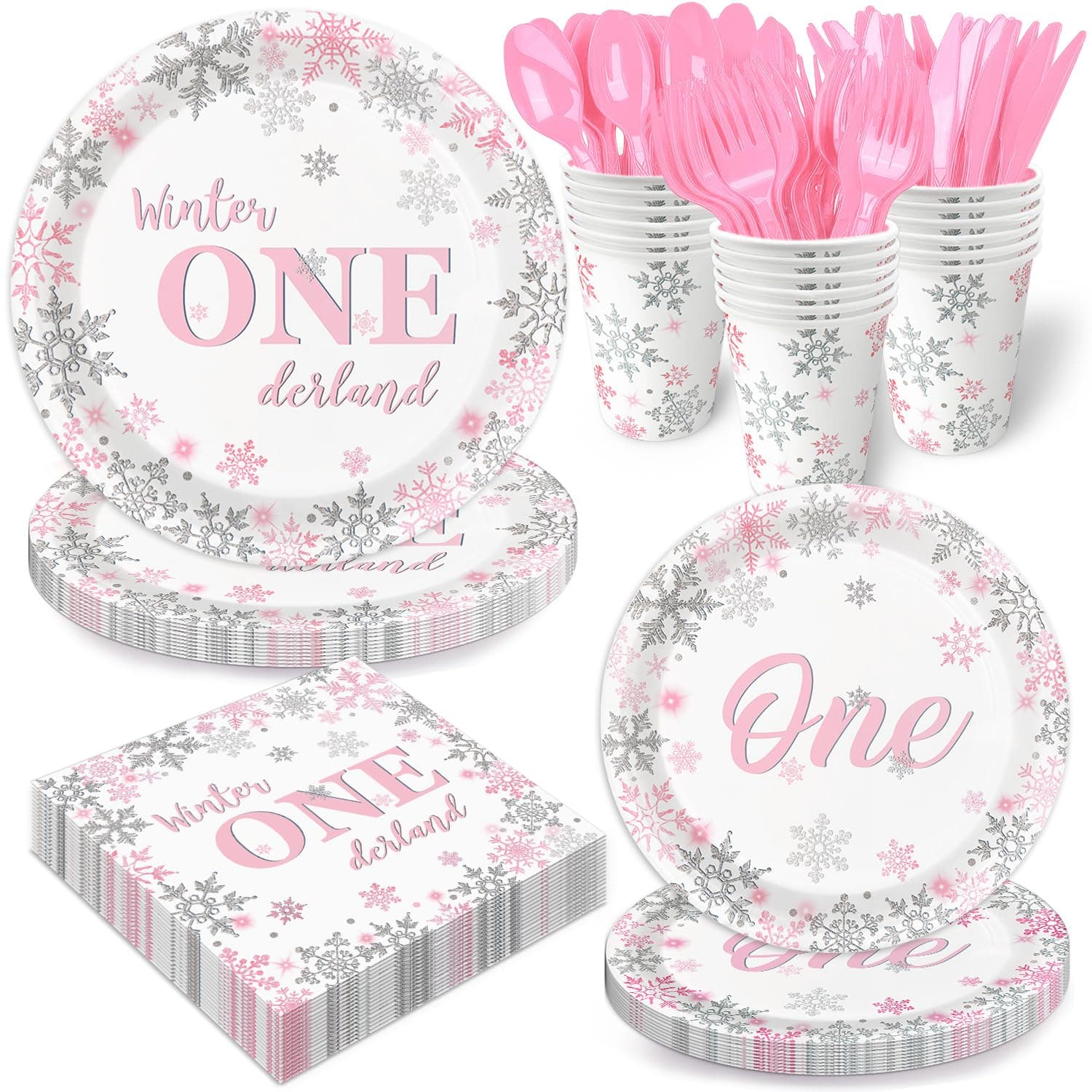 Oigco Winter Onederland Pink & Silver Snowflake Plates & Napkins Set