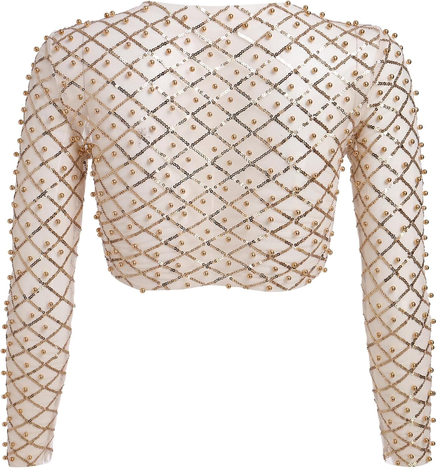 Sparkle Sequins Beads Sheer Mesh Crop Top Rave Outfit for Women Sexy Long Sleeve Pearls Fishnet Cover-up