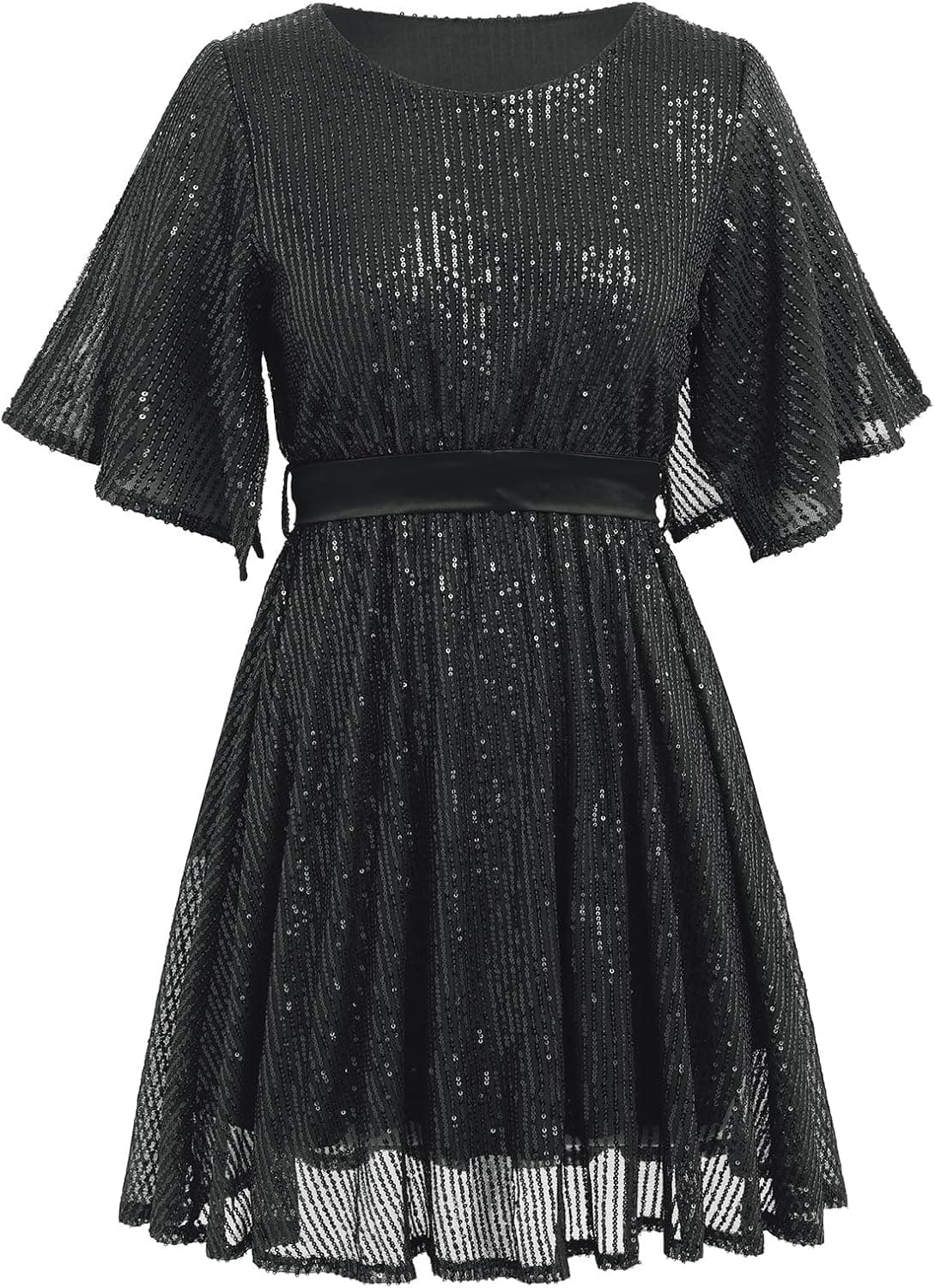 Women’s Sequin Sexy Sparkly Cocktail Dress Glitter Split Sleeve Round Neck Short Dress with Belt Formal Gown