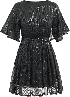 Women’s Sequin Sexy Sparkly Cocktail Dress Glitter Split Sleeve Round Neck Short Dress with Belt Formal Gown