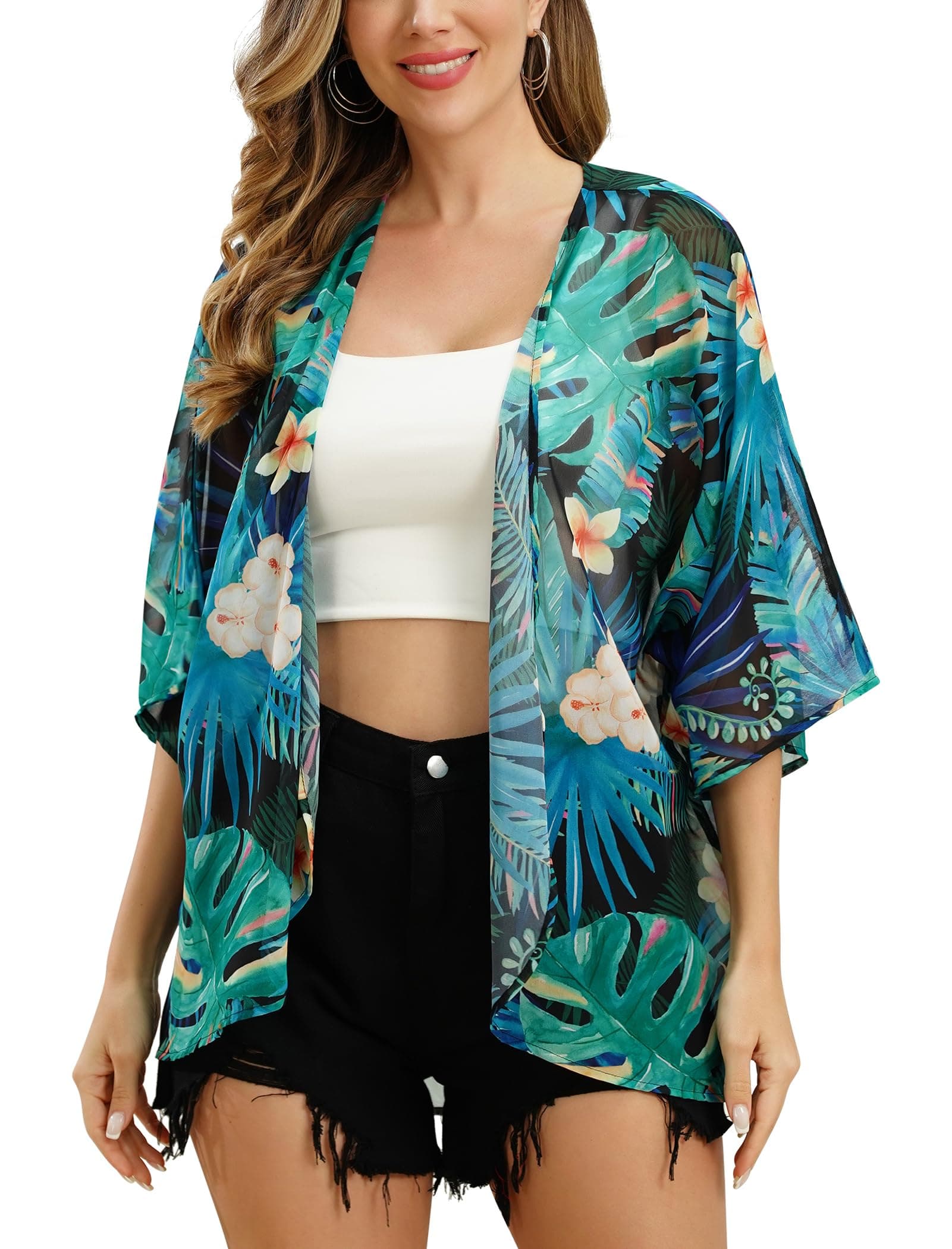 IMEKIS Women's Floral Printed Chiffon Half Sleeve Kimono Cardigan