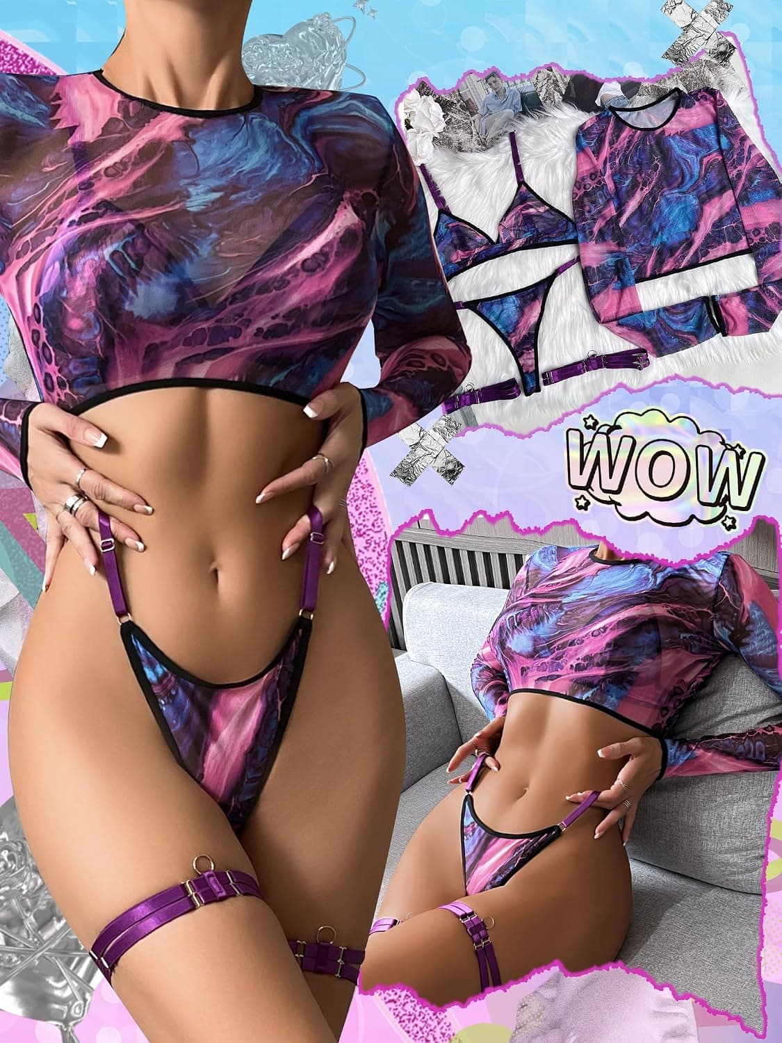 Women 4 Piece Sexy Mesh Lingerie Set Rave Outfits Long Sleeve Crop Tops Bra and Panty Sets