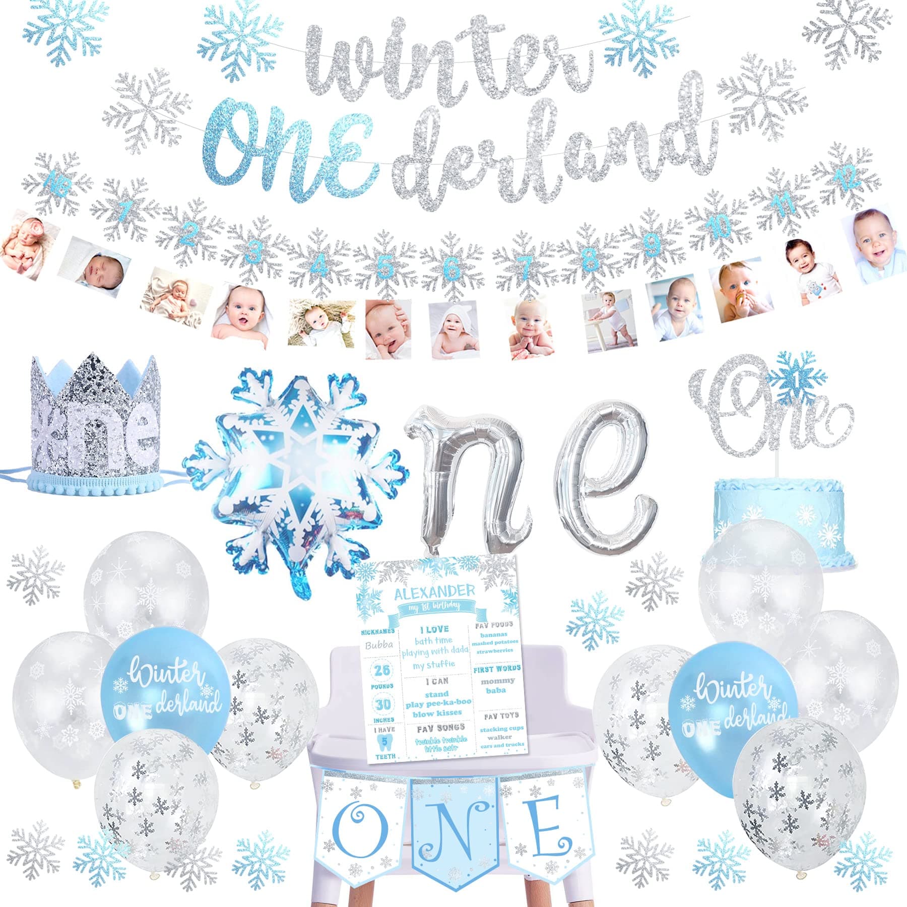 Winter Onederland Blue & Silver 1st Birthday Boy Decorations Highchair Banner