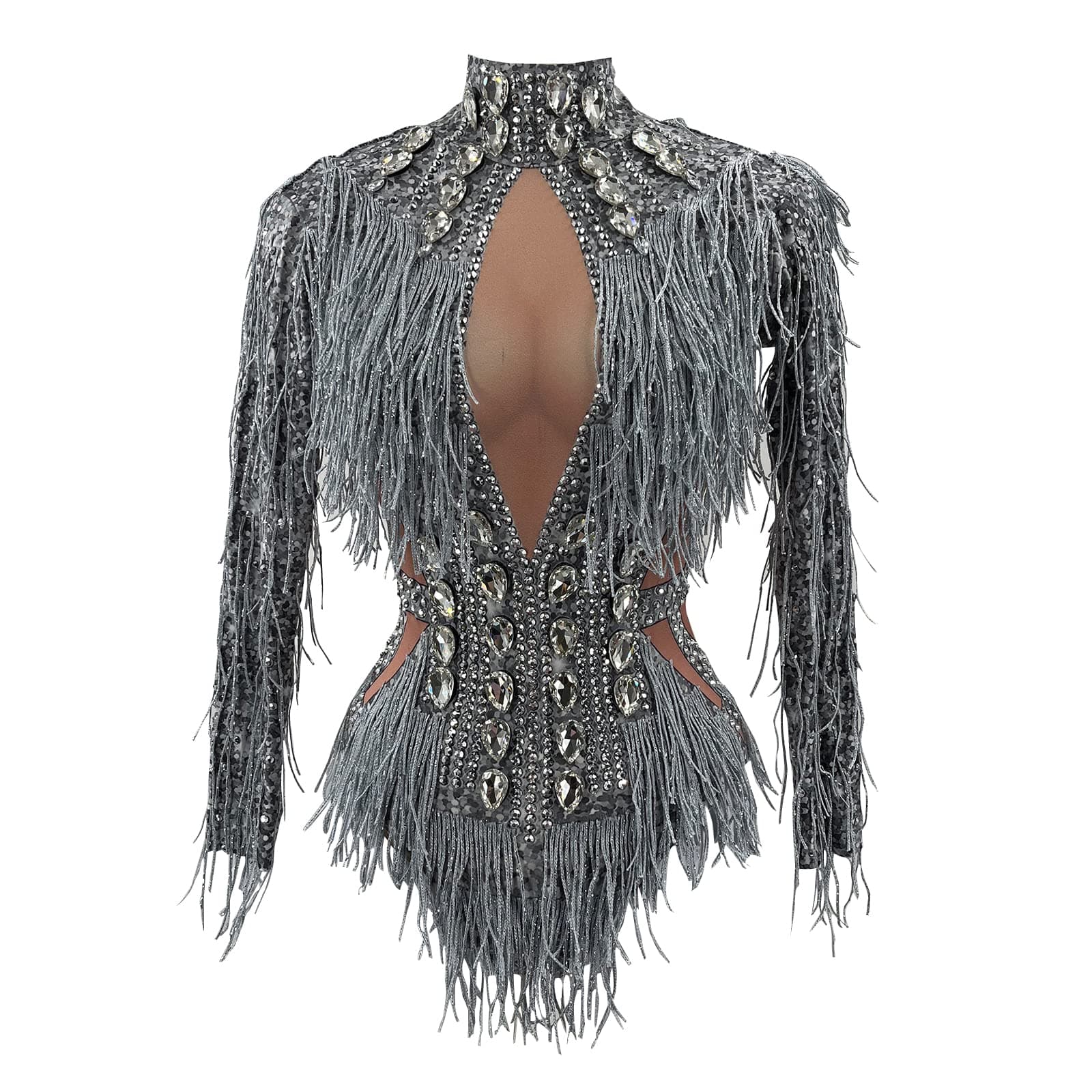 Sparkly Silver Rhinestone Fringe Crystal Bodysuit for Dance Bar Singers - Birthday Celebrate
