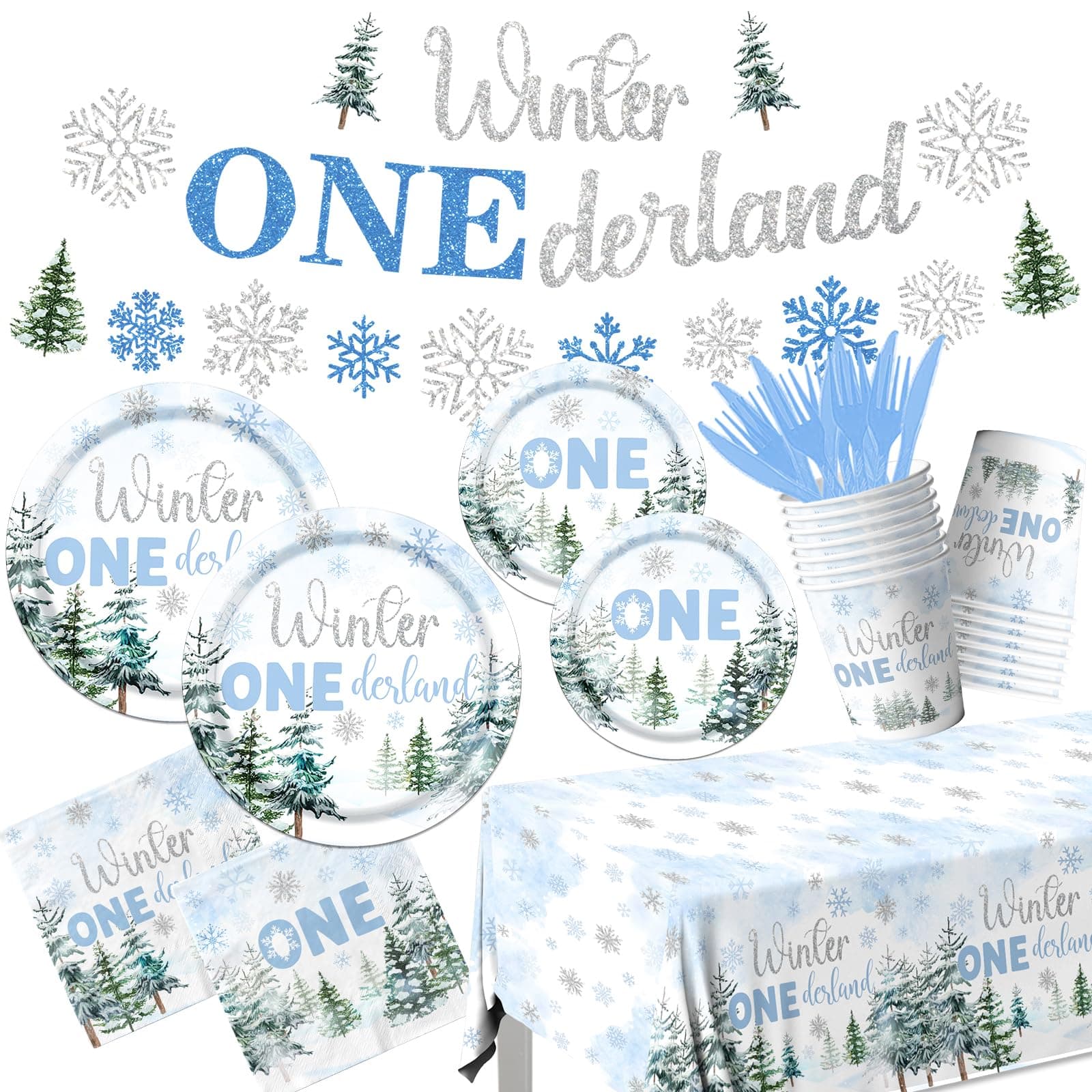 HAKOTI Winter Wonderland 1st Birthday Boy Tableware - 142 Pcs Blue Snowflake Plates & Napkins
