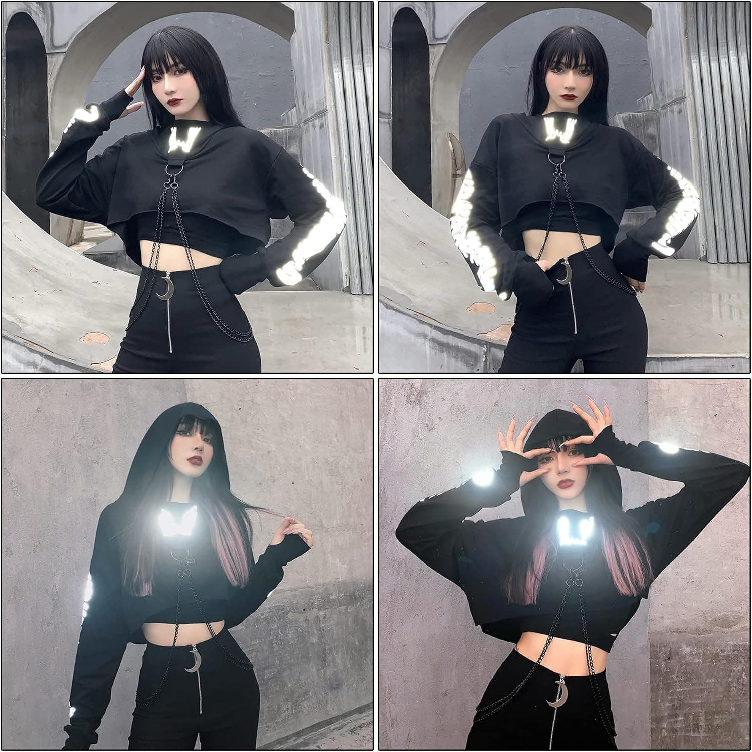 Women Sexy Off Shoulder Gothic Punk Lace Hoodie Crop Top Long Sleeve Bandage Sweatshirt for Rave Halloween Costume