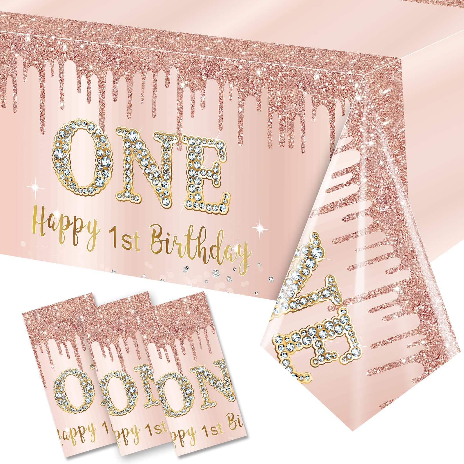 Excelloon 3 Pack Pink Rose Gold 1st Birthday Tablecloth Decorations