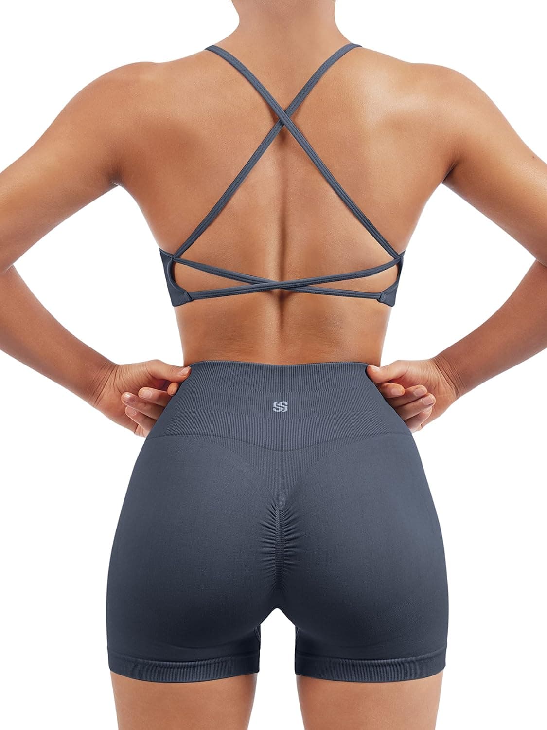 Women Seamless Workout Sets Strappy Sports Bra High Waist Booty Shorts Outfits