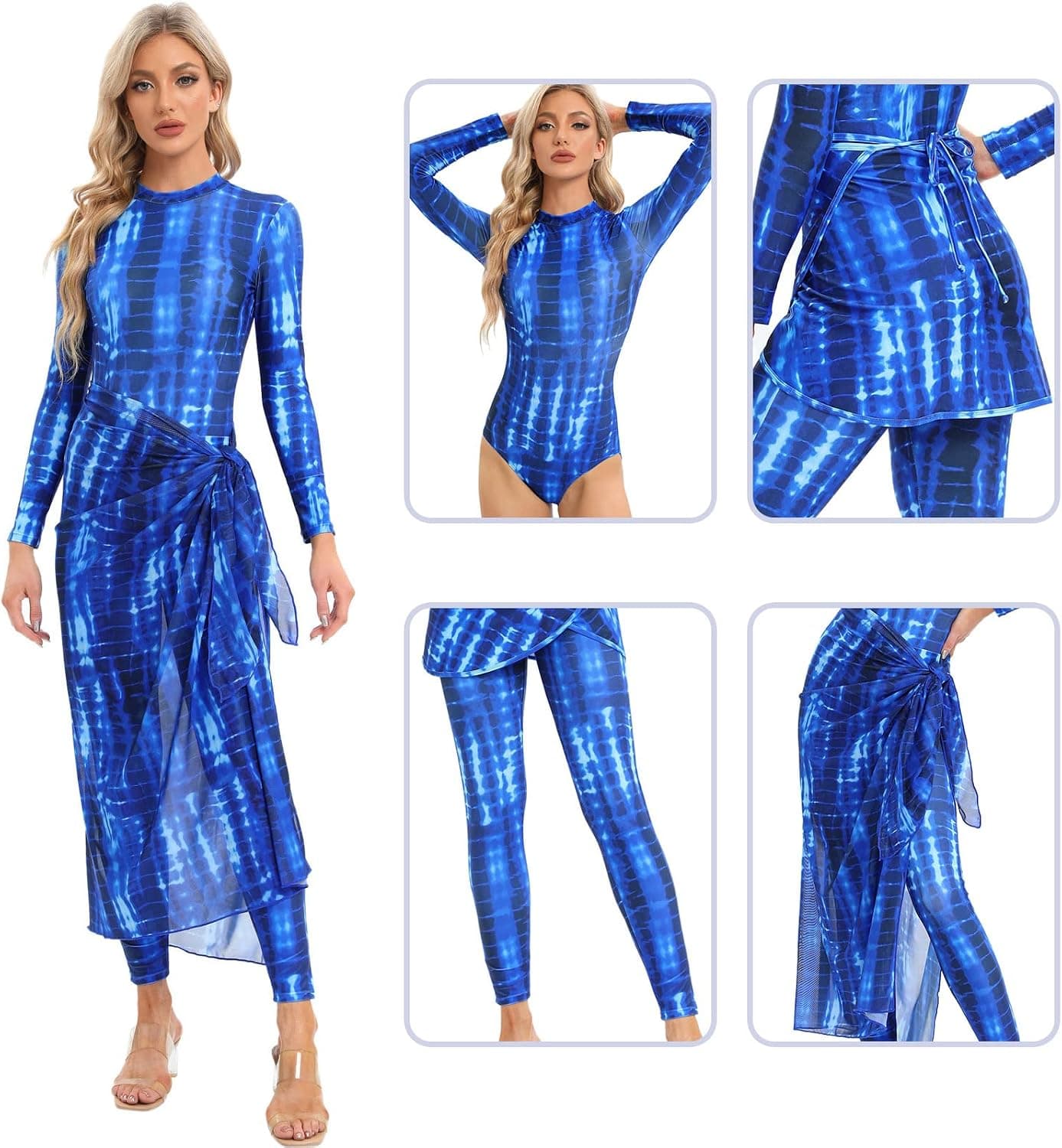 Women Burkini Swimsuits Modest Muslim Swimwear Islamic Long Sleeve Full Cover Swim Pants Rash Guard Sarongs Cover Ups