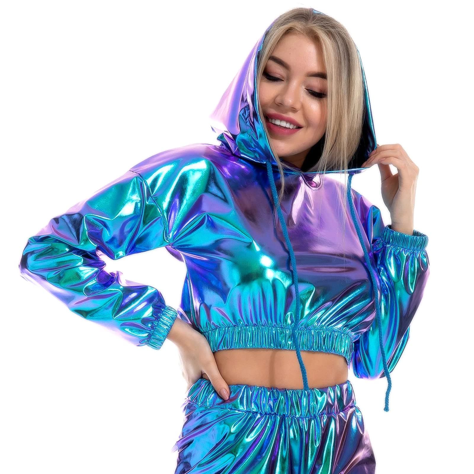 Womens Shiny Metallic Crop Top Hoodie