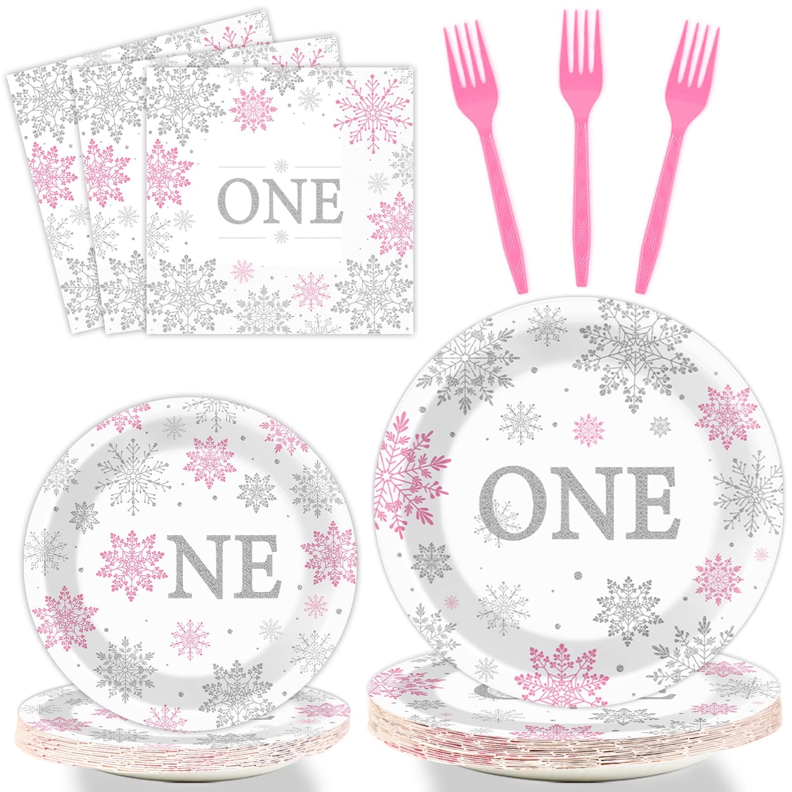 ZOIIWA Winter Onederland Snowflake Birthday Party Supplies for Baby Girls - 24 Guests