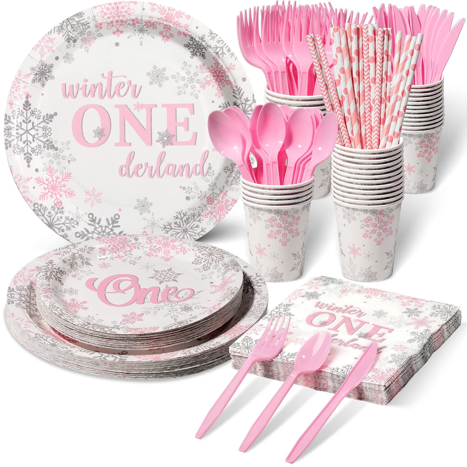 Jectivs Winter Onederland Pink & Silver Snowflake Plates & Napkins Set for 1st BirthdayParty Decor Serve 25
