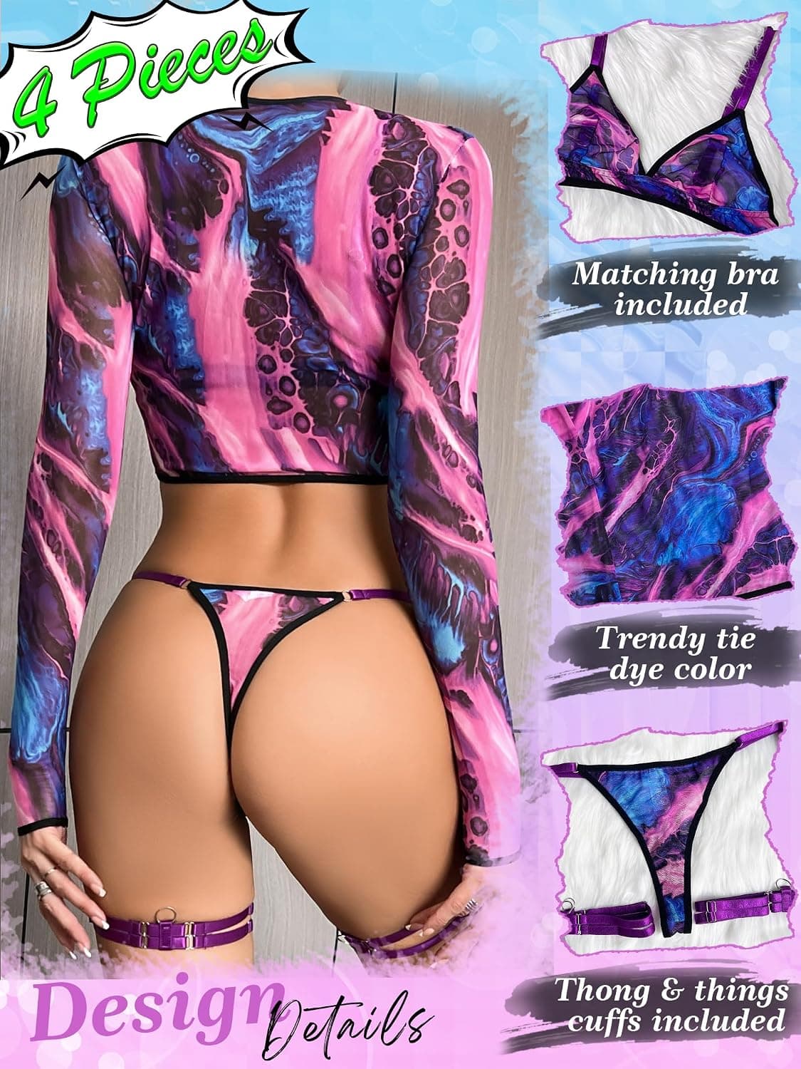 Women 4 Piece Sexy Mesh Lingerie Set Rave Outfits Long Sleeve Crop Tops Bra and Panty Sets
