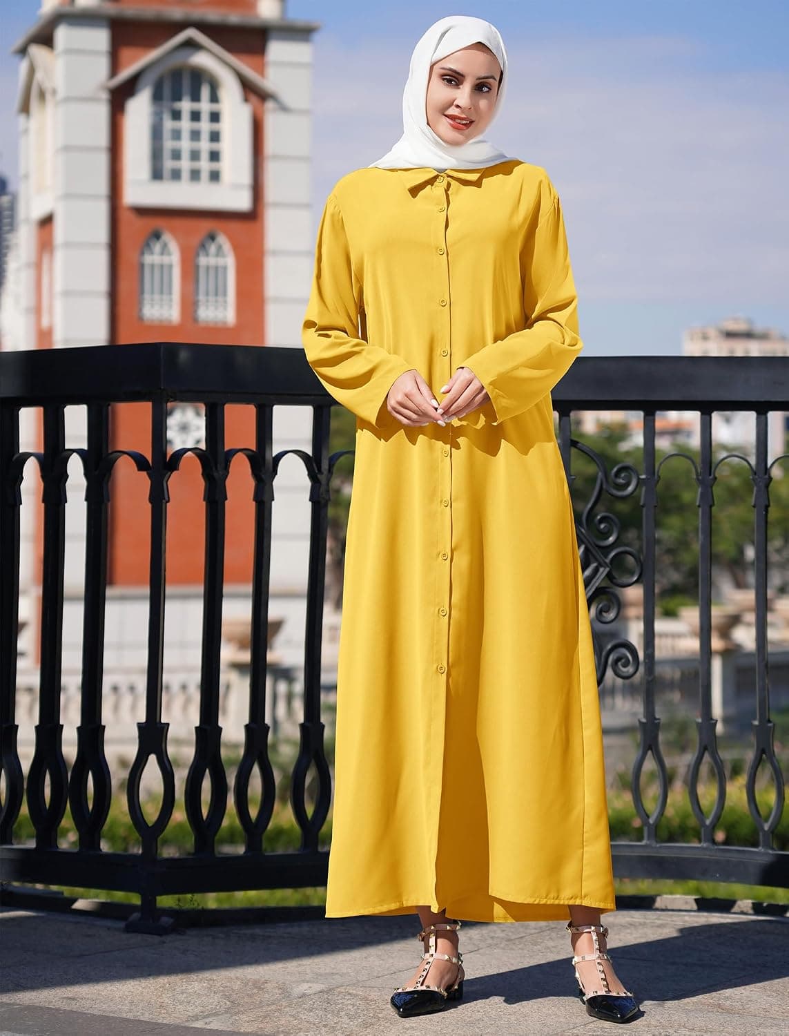 Muslim Abaya Long Sleeve Button Up Maxi Shirt Dress for Women Modest Islamic Prayer Cover Up Robe with Pockets