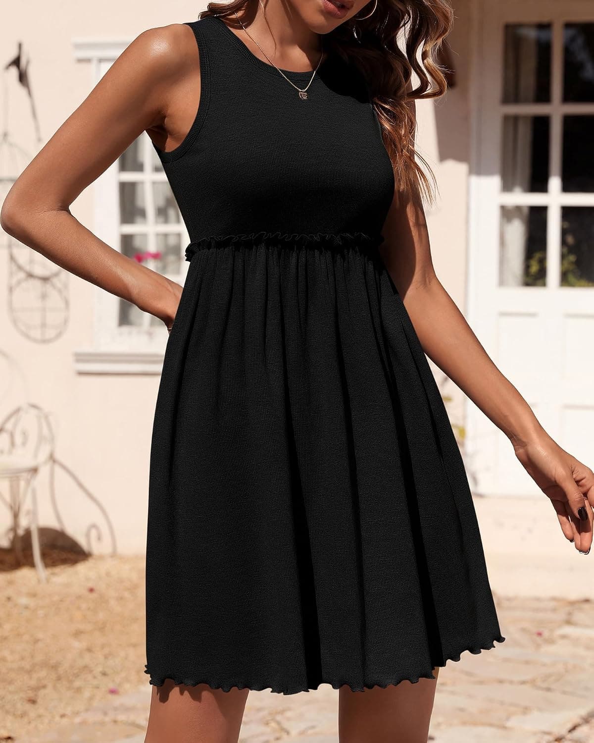 Women Sleeveless Summer Dress 2024 Crewneck Ribbed Knit Ruffle Swing Button Down Beach Sun Mini Tank Short Dresses