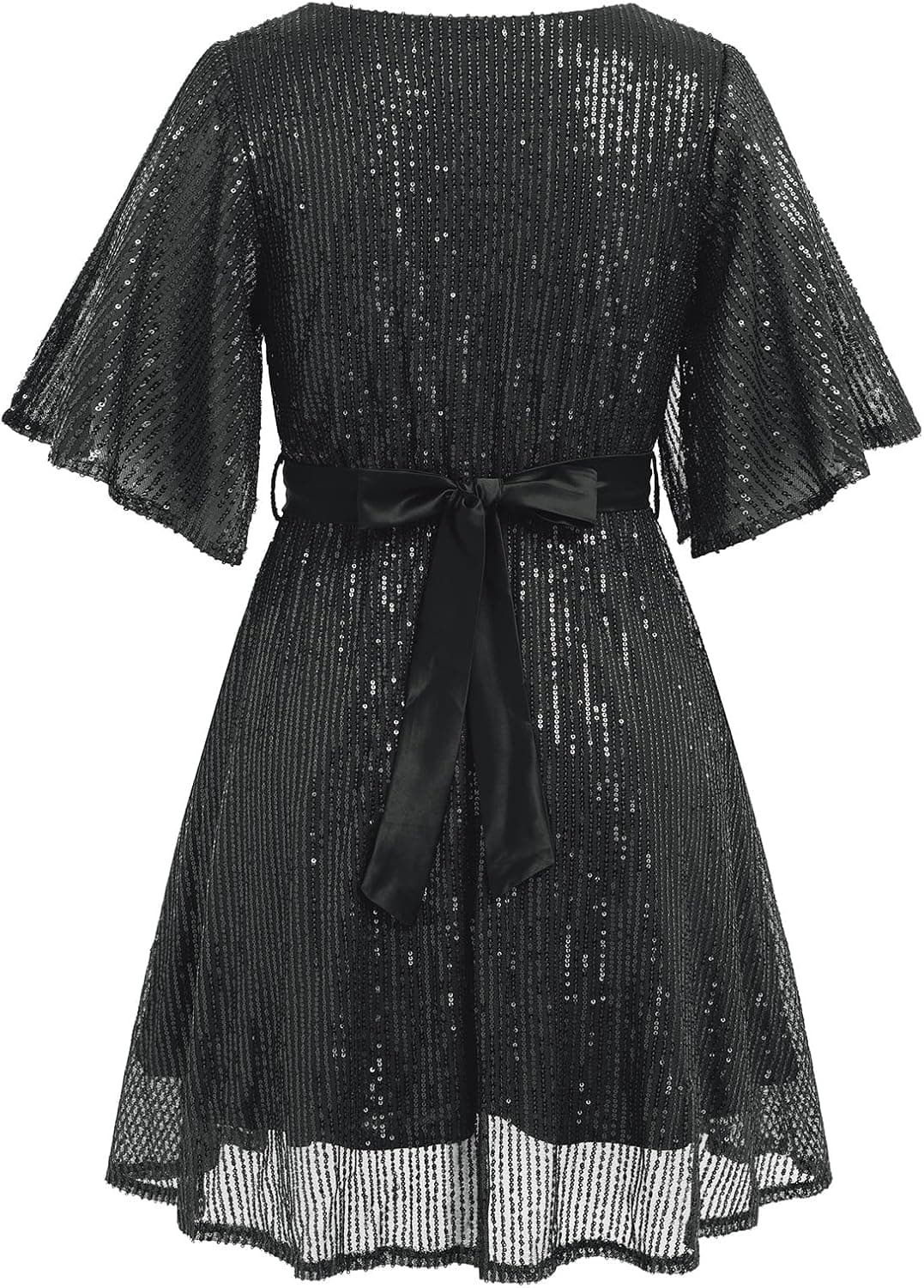 Women’s Sequin Sexy Sparkly Cocktail Dress Glitter Split Sleeve Round Neck Short Dress with Belt Formal Gown