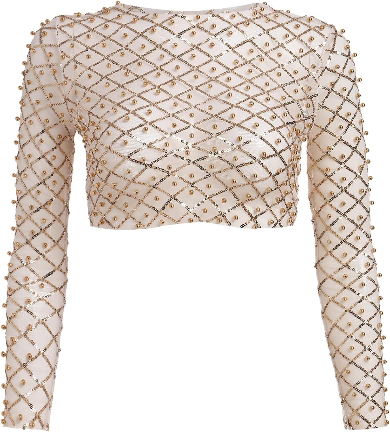 Sparkle Sequins Beads Sheer Mesh Crop Top Rave Outfit for Women Sexy Long Sleeve Pearls Fishnet Cover-up