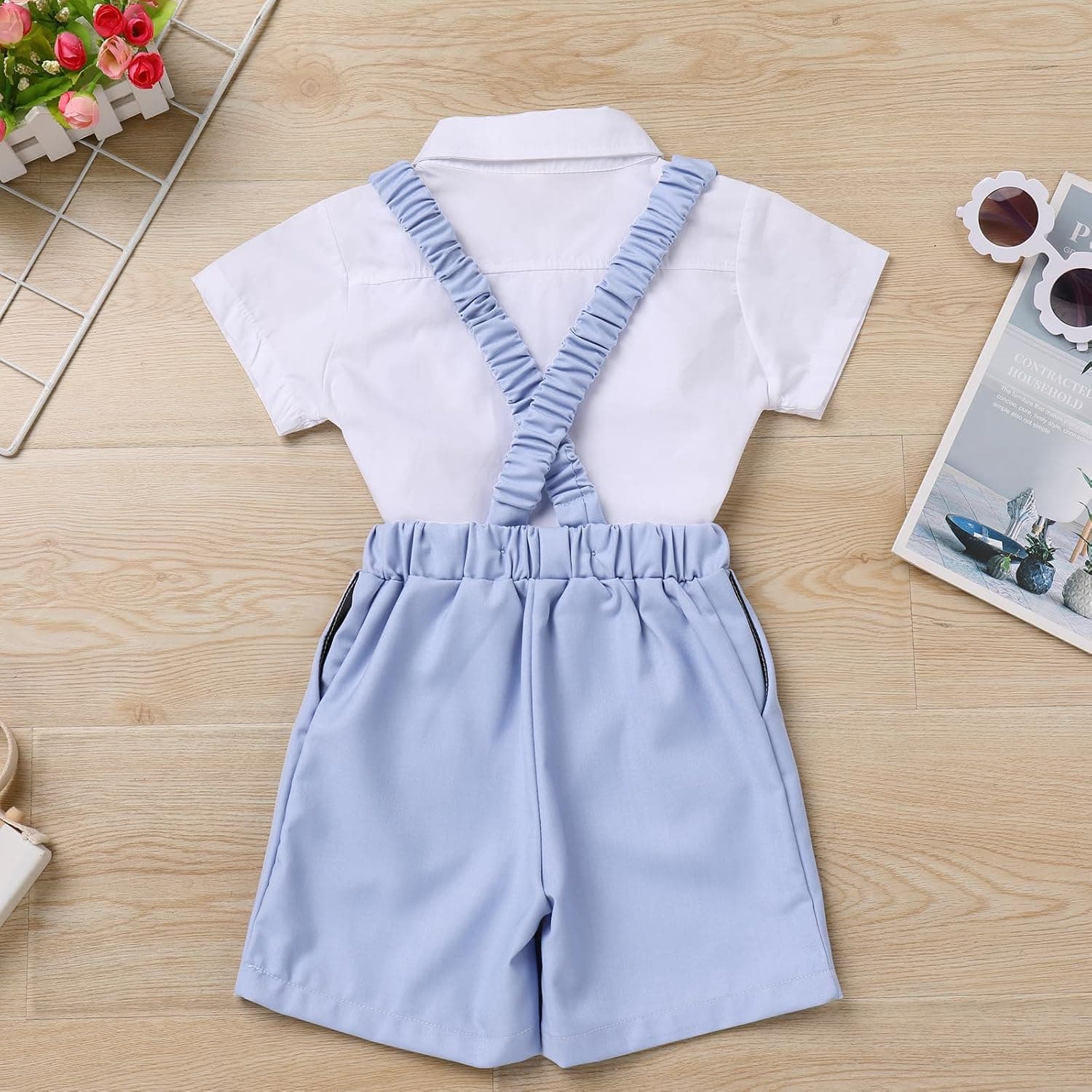 Baby Boy Baptism Christening Outfit Bowtie Dress Shirt Suspenders Shorts Summer Wedding Party Formal Ring Bearer Suits