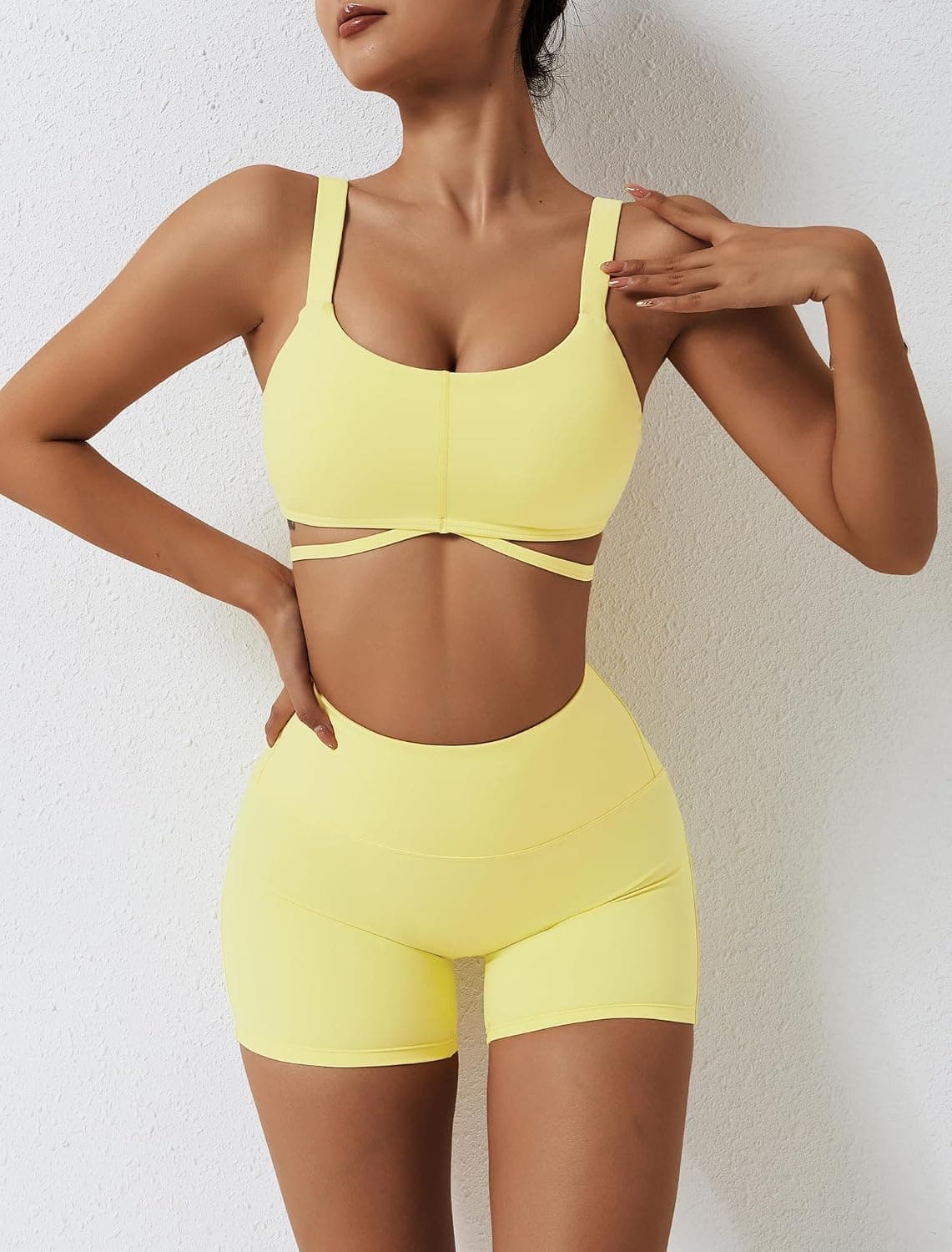 Workout Sets for Women 2 Piece Twist Front Halter Sports Bras High Waist Booty Shorts Exercise Gym Yoga Outfit