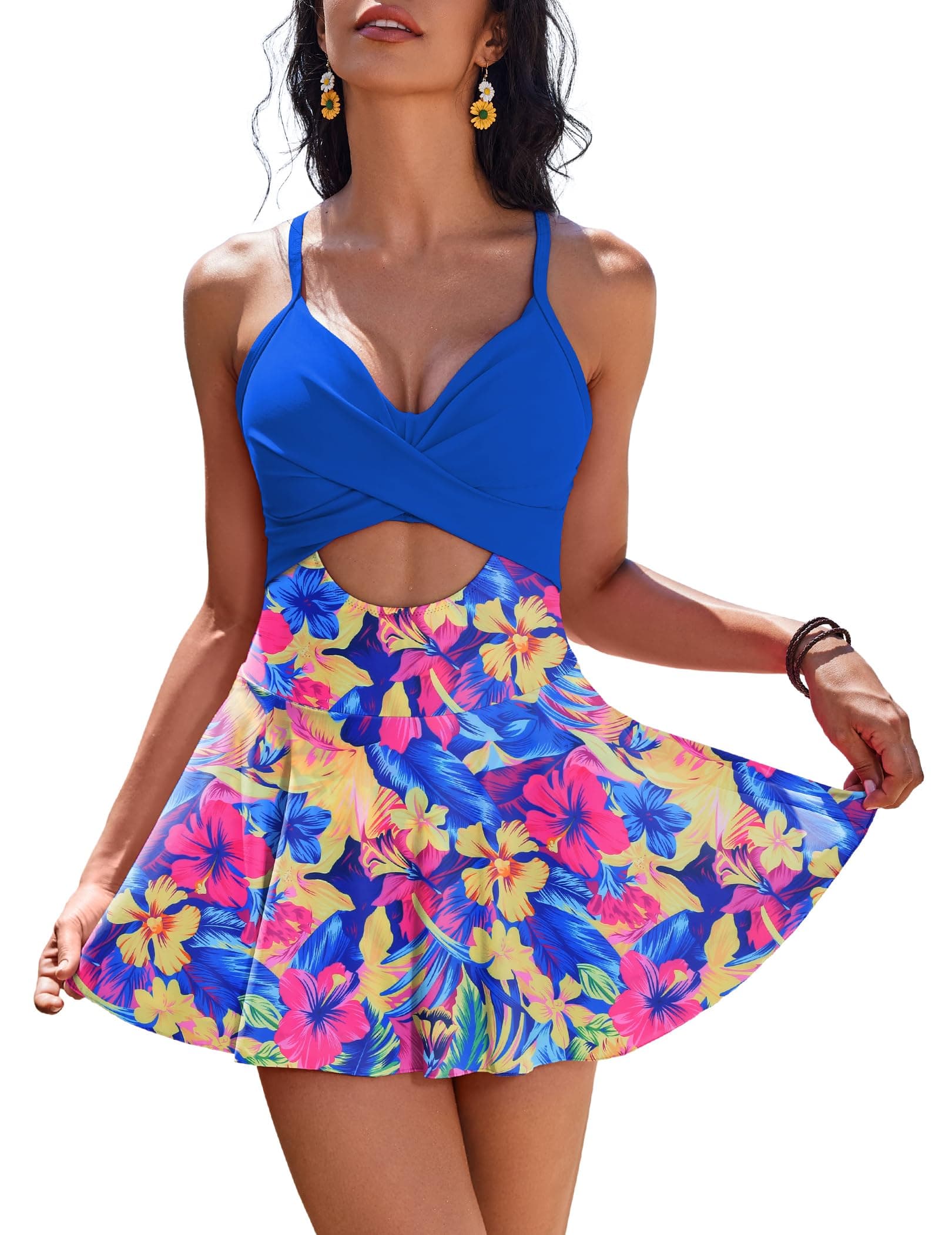 AI'MAGE Women's V-Neck One Piece Swim Dress with Tie Back Skirt