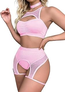 Rave Outfits for Women Festival Fishnet Lingerie Set Booty Shorts 3Pcs Babydoll Cutout Nightwear with Choker