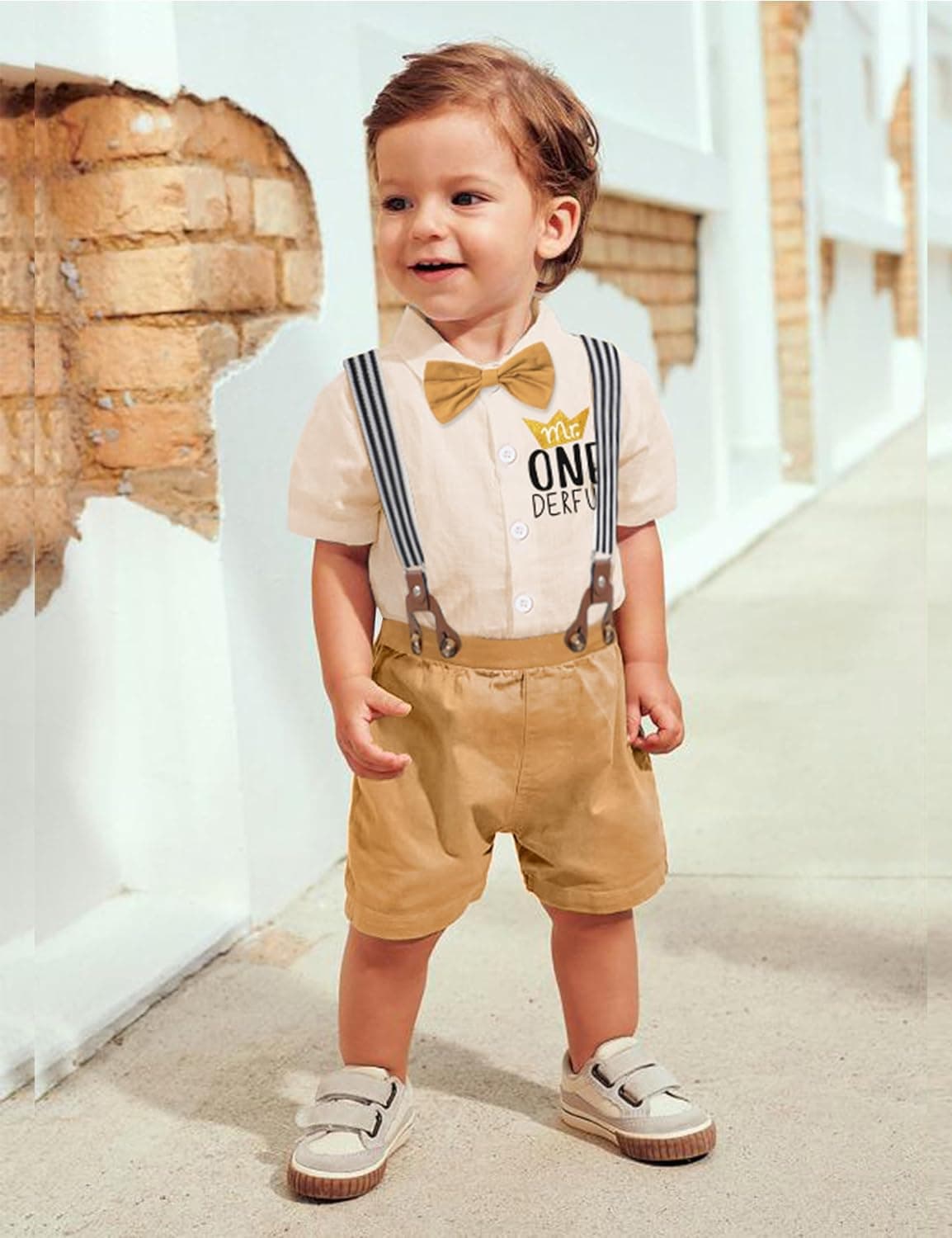 Baby Boy First Birthday Outfit Mr Onederful Bowtie Romper + Suspender Shorts+ Party Hat Cake Smash Outfits