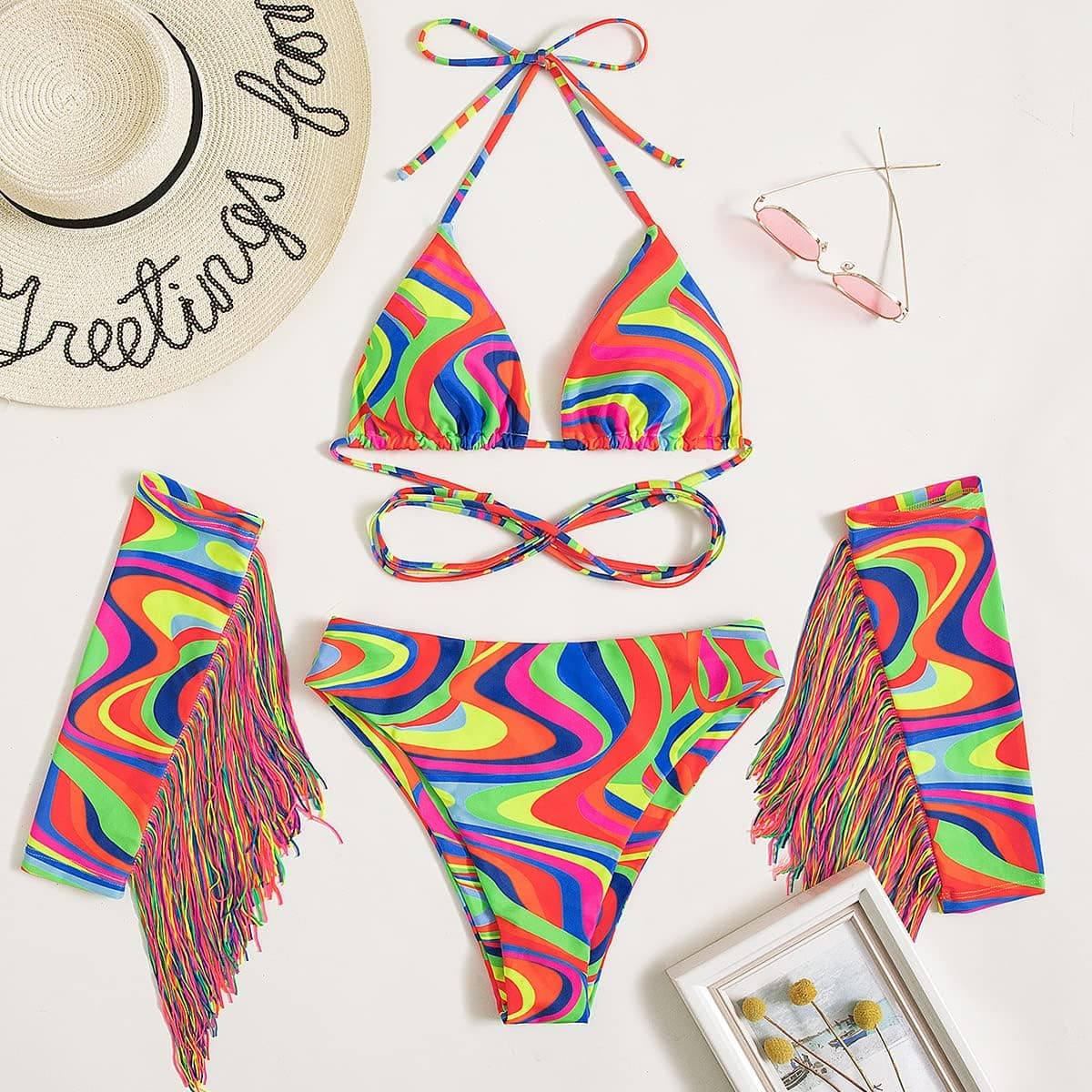 Women Rave Outfit Vintage Bikini Set Rainbow Bra Top with Bottom Summer Beach Holiday Swimwear Bathing Suits