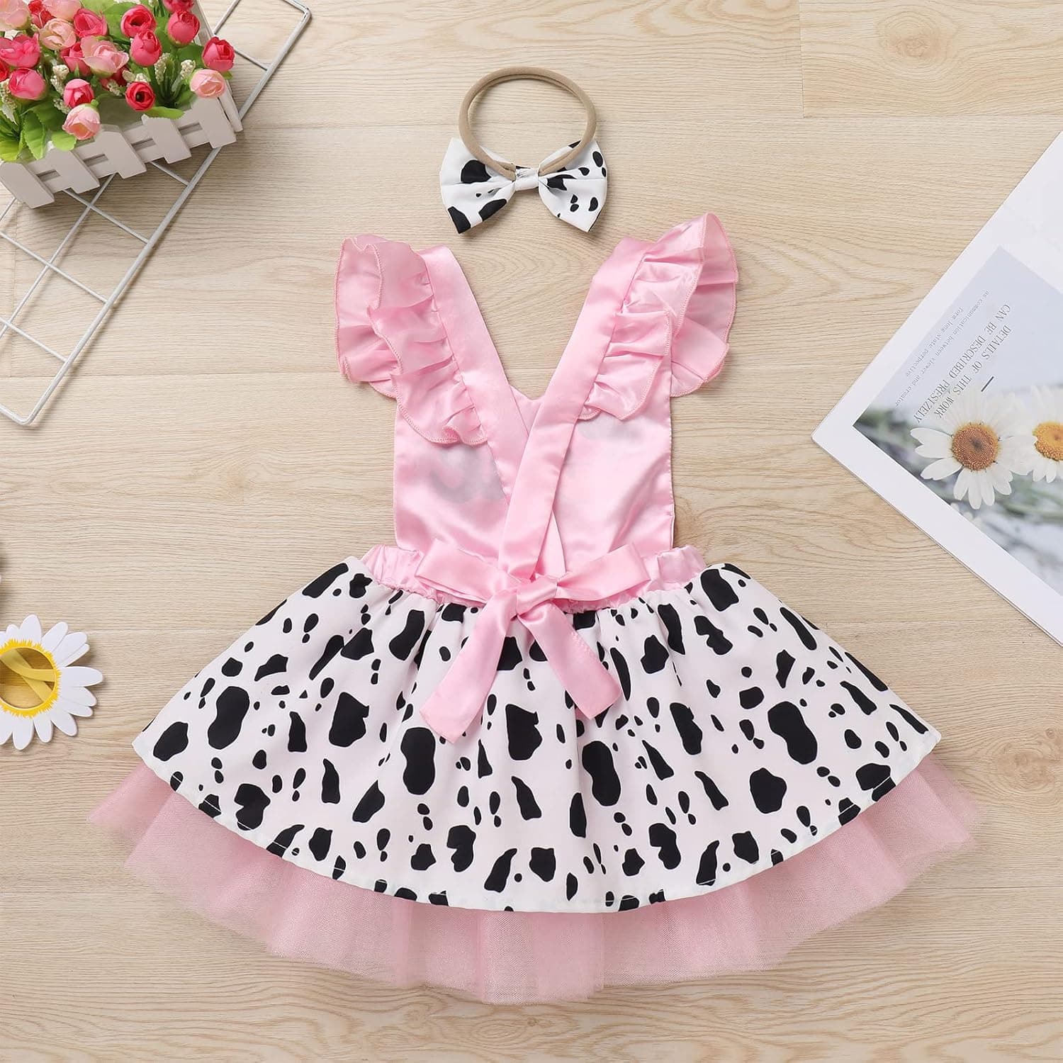 Toddler Baby Girl Farm Cow 1st Birthday Outfit Cow Print Dress with Headband Cake Smash Photo Shoot Clothes Set