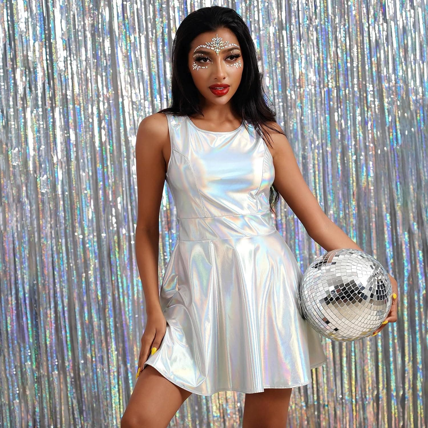 Women Girls Anime Halloween Costume Rave Outfit Metallic Mini Skater Dress Cosplay 80s Birthday Outfit