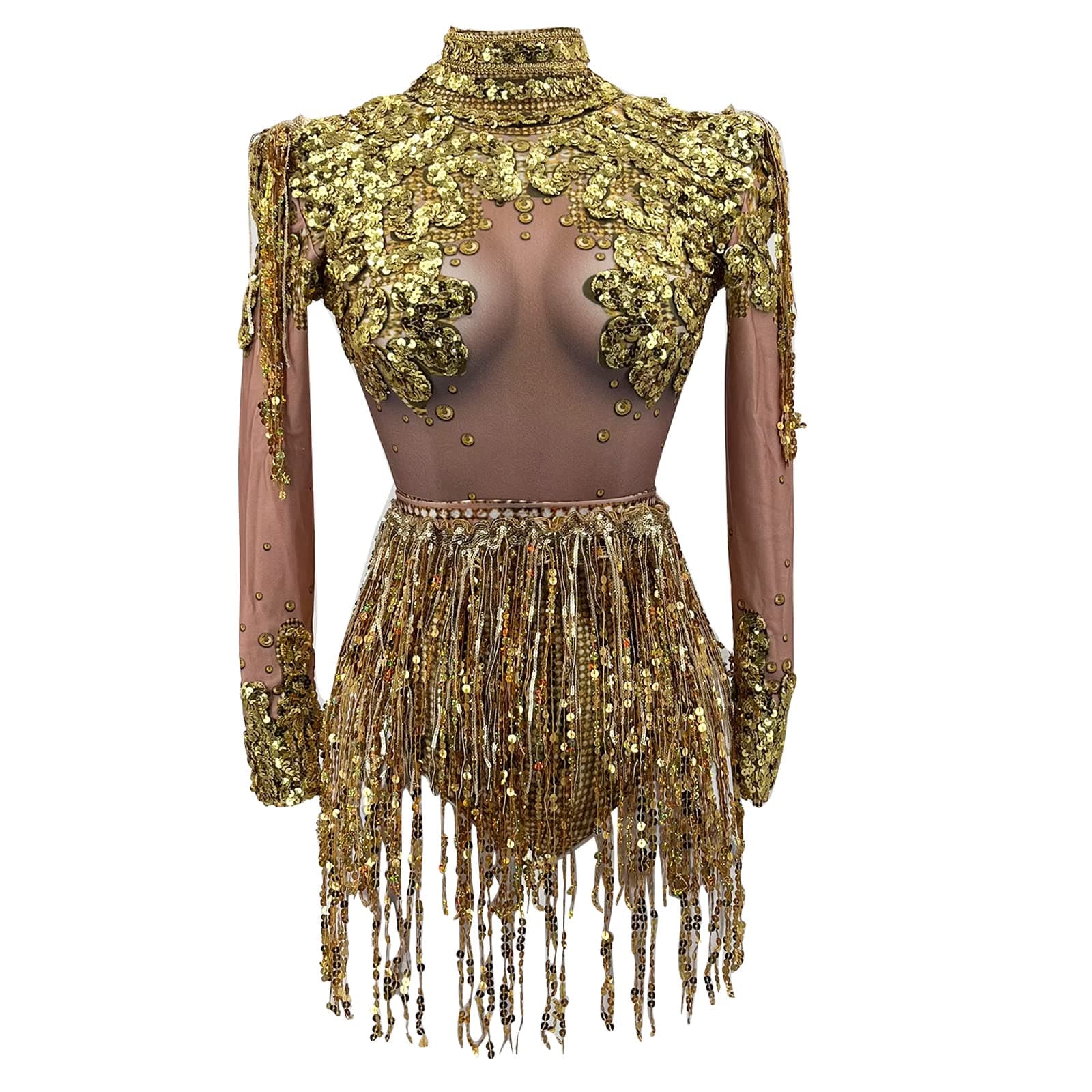 Youmeisha Shiny Sequins Bodysuit & Fringe Rhinestone Dancing Outfit