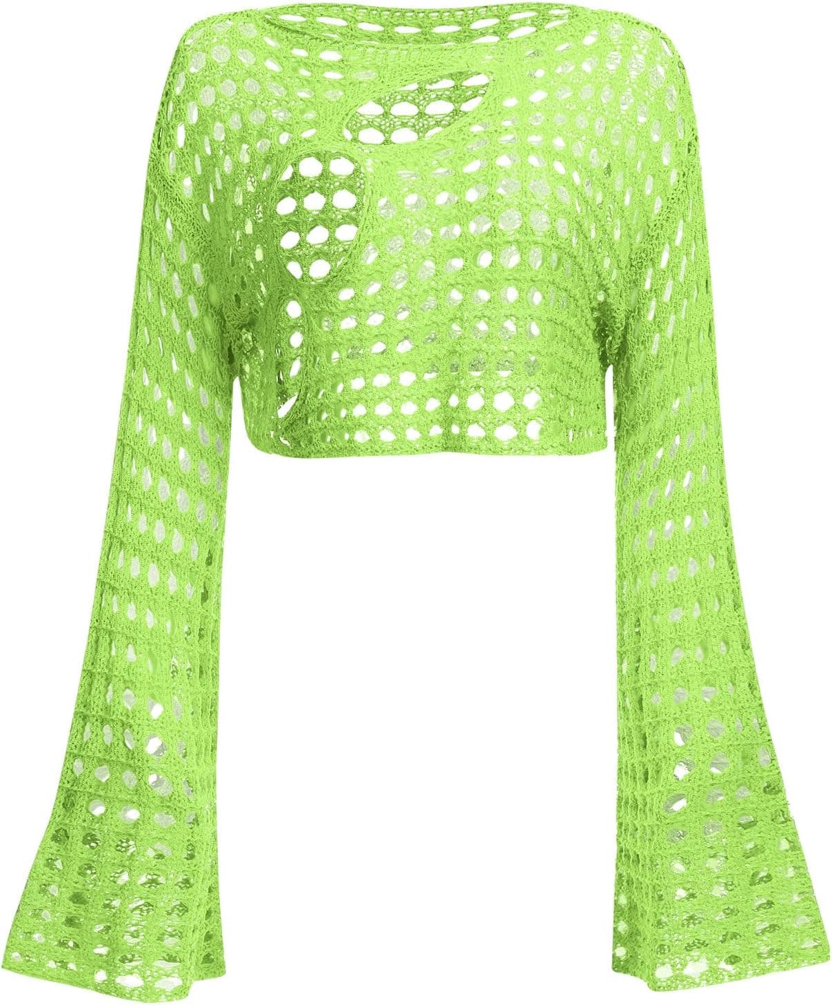 Women Hollow Out Crochet Knit Crop Tops Summer Beach Cover Up Bell Long Sleeve Rave Sweaters Tops