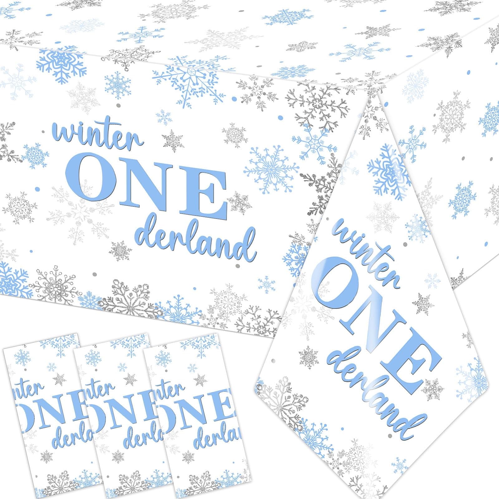 Winter Onederland Blue Silver Snowflake Tablecloth for 1st Birthday Boy's Party Decorations
