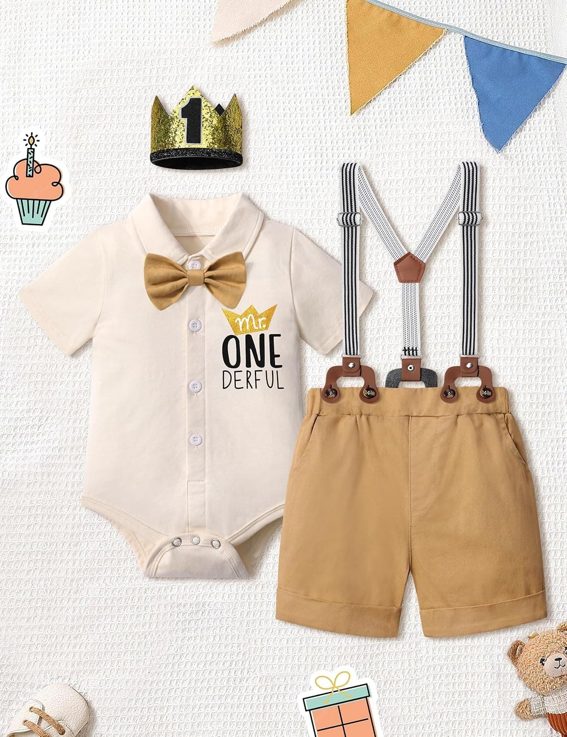Baby Boy First Birthday Outfit Mr Onederful Bowtie Romper + Suspender Shorts+ Party Hat Cake Smash Outfits