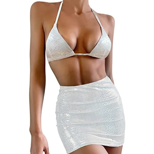 ABAFIP Women Shiny Hologram Rave Halter Bikini Sets