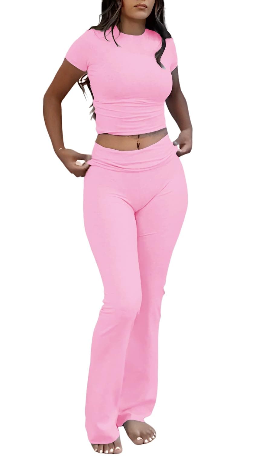YETOWA Women's Slim Fit Short Sleeve Top & Flare Leggings Yoga Set