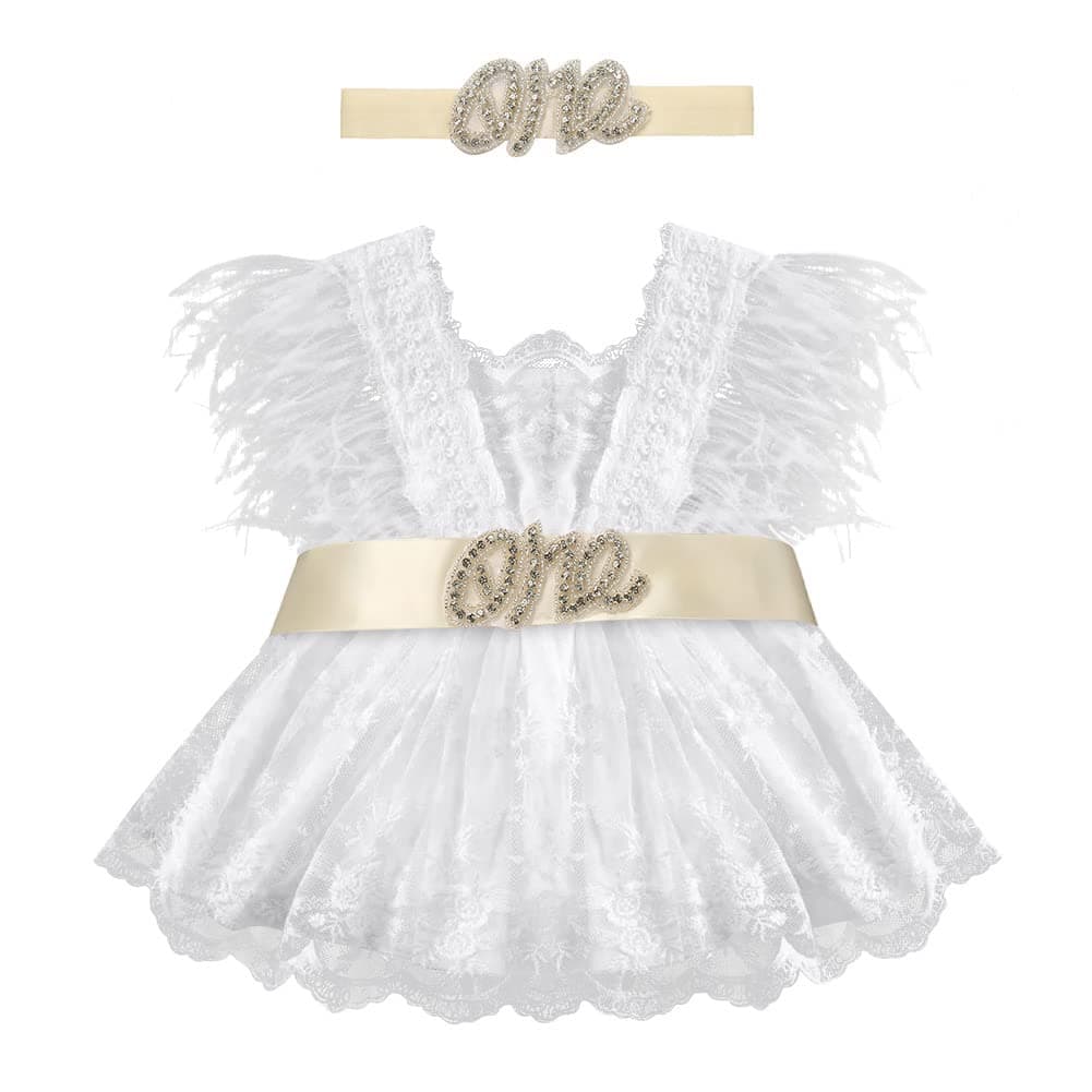 IMEKIS Baby 1st Birthday Photograph Props Boho Lace Romper + Headband + Sash Belt Set