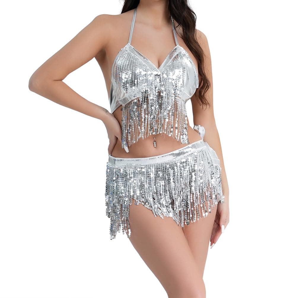 Alien Costume for Music Festivals: Metallic Rave Crop Top and Fringe Skirt for Women