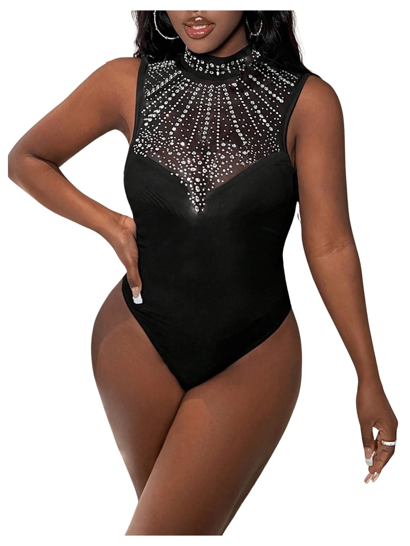 MakeMeChic Women's Rhinestone Glitter Mesh Mock Neck Party Bodysuit