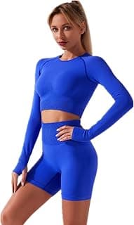 Women's Seamless Yoga Outfits Two Pieces Workout Long Sleeve Crop Top Sports Bra + High Waisted Running Shorts Sets Biker Activewear Athletic Fitness Gym Sexy Active Tracksuit Z - Royal Blue Medium