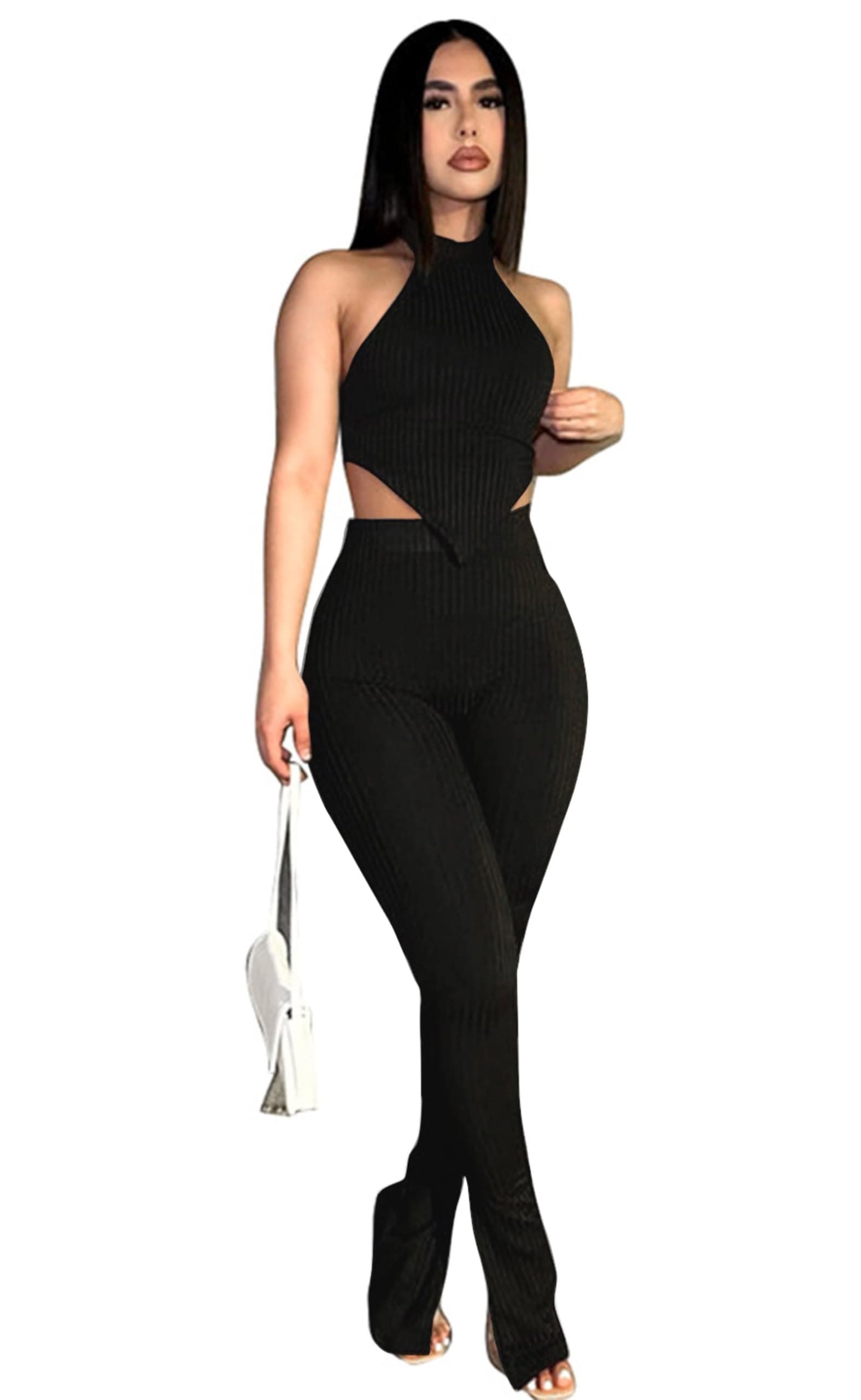 Ekaliy Women's Sleeveless Crop Top & High Waist Ribbed Pants Party Jumpsuit