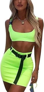 Women Sexy Buckle Tank Crop Tops Mini Skirt Set 2 Piece Rave Outfit Party Clubwear Bodycon