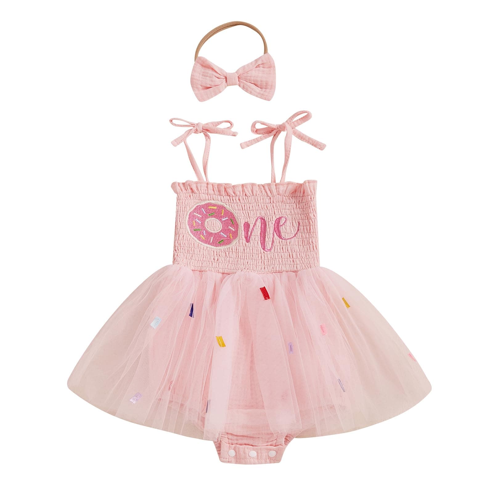 SAYOO Baby Girls Donut Embroidery Smocked Romper Dress for 1st Birthday Tulle Bodysuit
