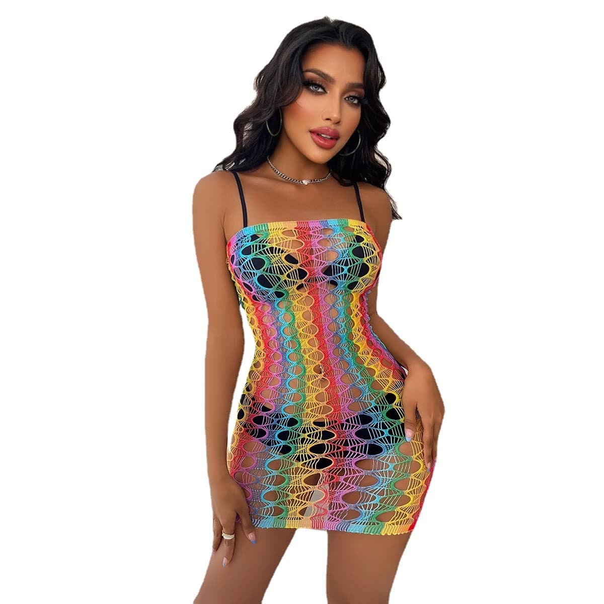 Rainbow Rave Outfit Fishnet Dress Bodysuit for Women