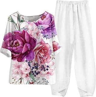 Womens Two Piece Sets Summer Funny Vintage Print Tracksuit Comfy Linen Lounge Set Fashion Loose Workout Outfits