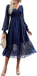 Long Sleeve V Neck Ruffle Dress for Women Boho Swiss Dot Smocked Cocktail Flowy A Line Wedding Party Dresses