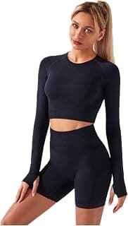 Women's Seamless Yoga Outfits Two Pieces Workout Long Sleeve Crop Top Sports Bra + High Waisted Running Shorts Sets Biker Activewear Athletic Fitness Gym Sexy Active Tracksuit Z - Black Small