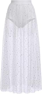 Women Shiny Stars Rave Skirt Flowy Mesh Tulle Maxi Skirts with Booty Bottoms Music Festival Clothes Halloween Costume