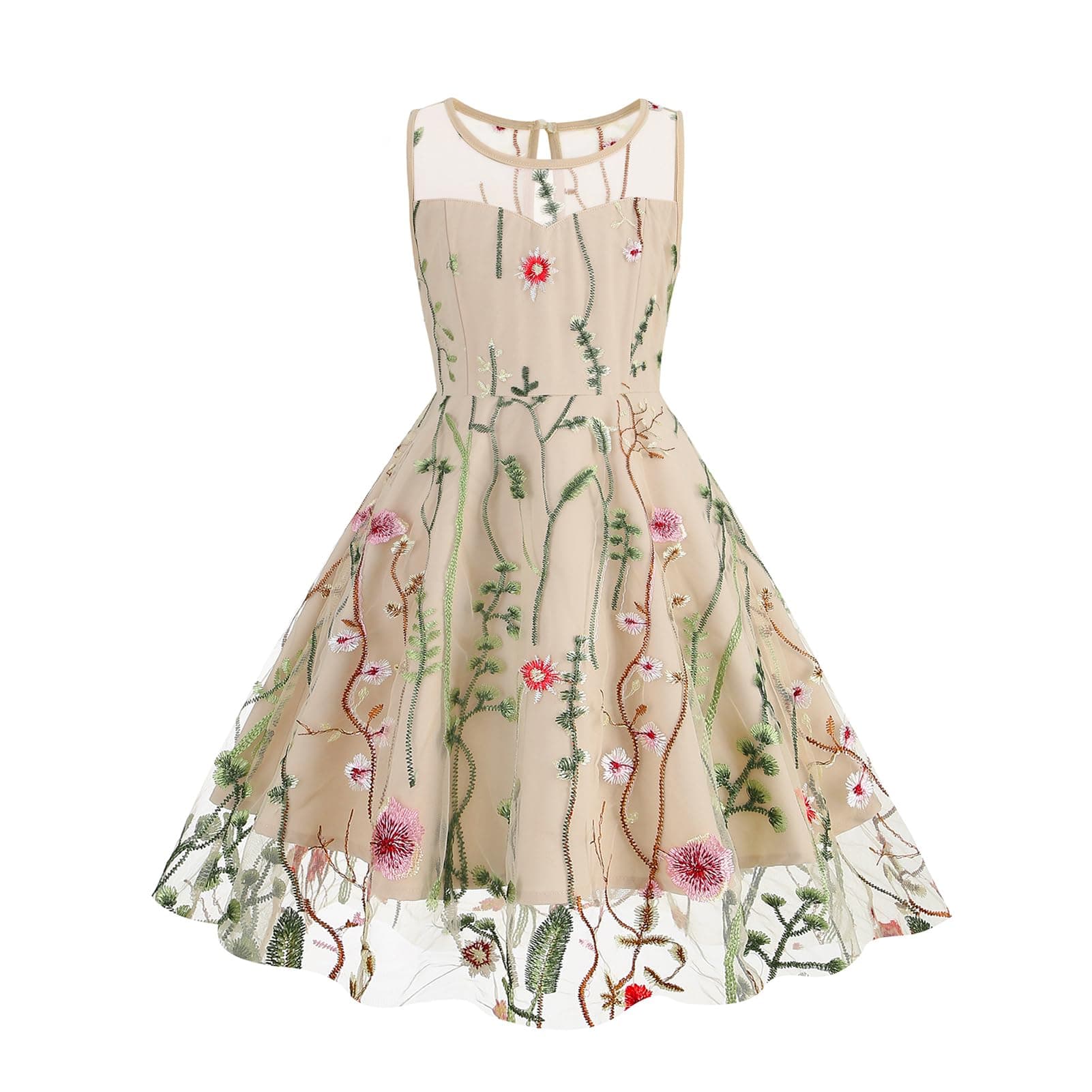Embroidered Floral Lace Dress for Girls - Sleeveless Cocktail Swing Dress